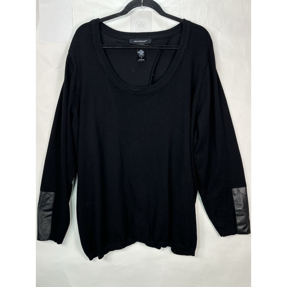 Ashley Stewart Women's Black Knit Tunic Sweater Sz 26 Faux Leather Details